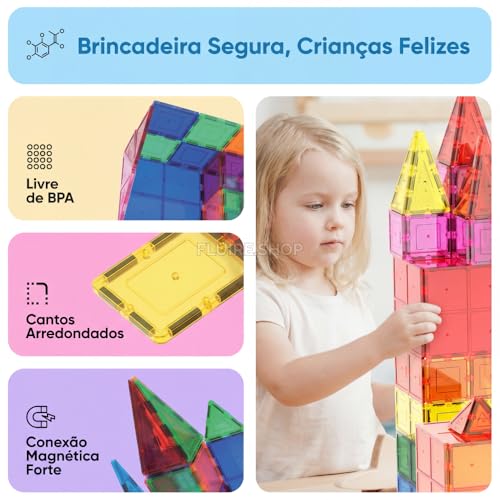 Blocos Magneticos Infantil de Montar 76 Peças, Brinquedo Educativo Construção Infantil 2D, 3D, Jogo Pedagógico para Coordenação Motora, Raciocínio Lógico, Criatividade e Aprendizado STEM