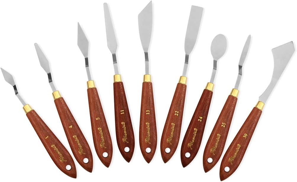 DerBlue Stainless Steel Artists Palette Knife Set, Spatula Palette Knife Painting Mixing Scraper, Thin and Flexible Art Tools for Oil Painting, Acrylic Mixing, Etc. (9pcs)