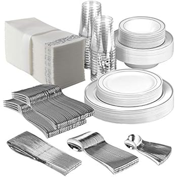 Amazon.com: Juego de vajilla desechable de plata para 25 ...