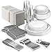25 Guest Disposable Silver Dinnerware Set | Heavy Duty Plastic Plates, Cups, Silverware & Napkins. 50 Forks, 25 Spoons, 25 Dessert Spoons, 25 Knives, 25 Dinner Plates, 25 Dessert Plates, 25 Soup Bowls