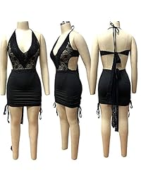 Vestido sexy de encaje de 2 piezas, sin mangas, escote en V profundo, corbata, minifalda