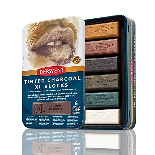 Derwent Tinted Charcoal XL Blocks, blend of charcoal & colour, Tin of 6