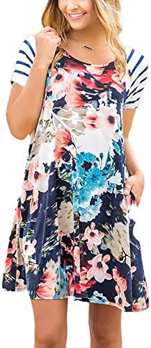 Minipeach Women Summer 3 4 Sleeve Floral Print A-Line Knee Length Casual T Shirt Dress,Blue Floral a,X-Large