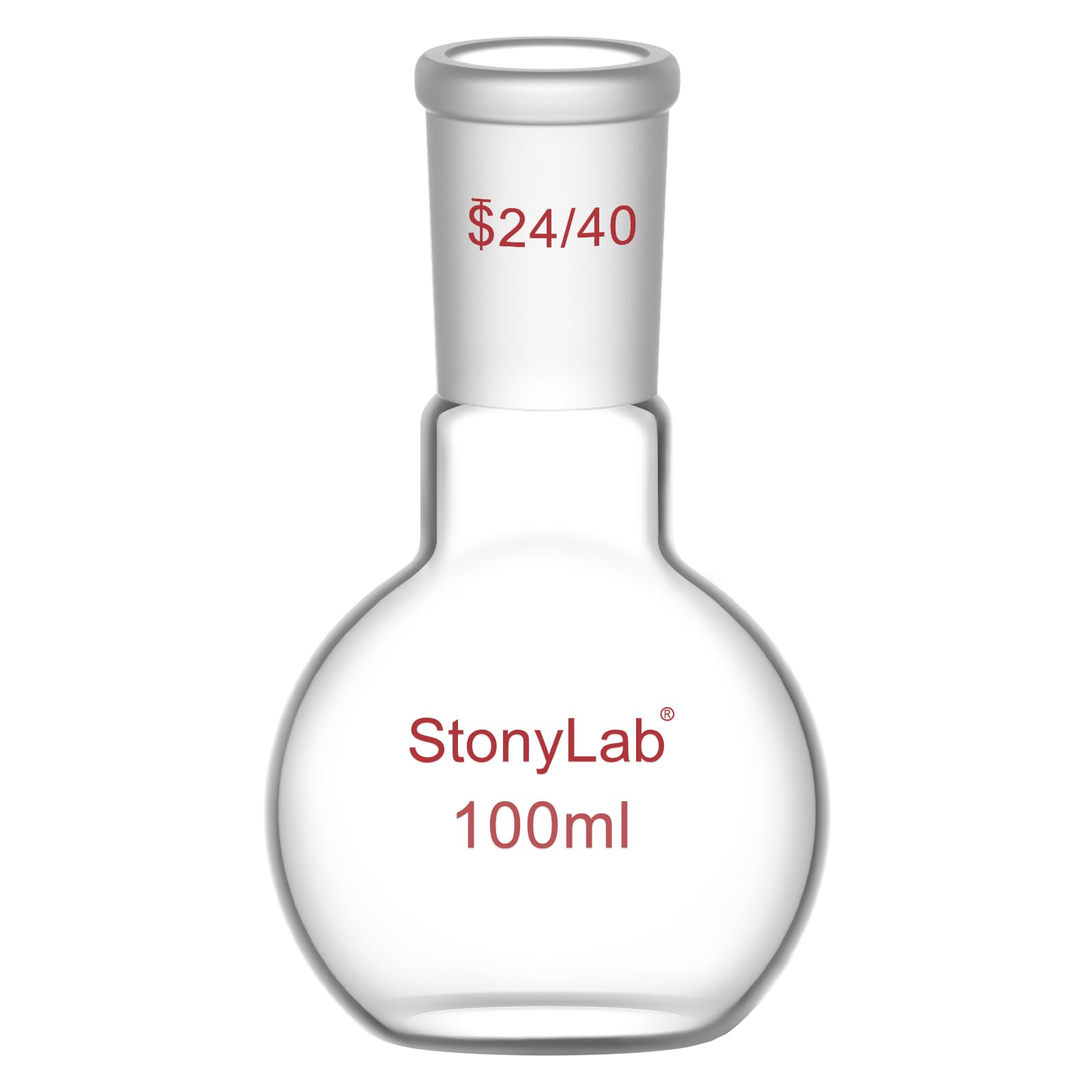 StonyLab Borosilicate Glass Heavy Wall Single Neck Flat Bottom Boiling Flask, with 24/40 Standard Taper Outer Joint, 100ml