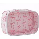 CALFOVERA Portable PU Leather Cosmetic Case Pouch Pink Bow Clear Makeup Bag Waterproof Transparent Zipper Bags Small Cosmetic Storage Utility Lipstick Holder for Women Travel Toiletry
