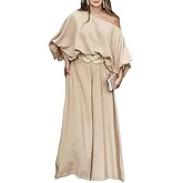 CHICME Women Summer 2 Piece Outfits Off Shoulder Lantern Sleeve Top Flowy Wide Leg Pants Set