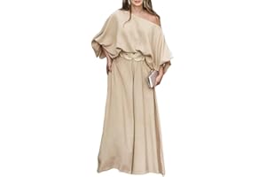 CHICME Women Summer 2 Piece Outfits Off Shoulder Lantern Sleeve Top Flowy Wide Leg Pants Set