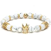 SEVENSTONE 8mm Crown King Charm Bracelet for Men Women Black Matte Onyx Stone Beads, 7.5"