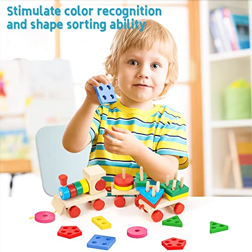 WEMMICKS Wooden Train Toddler Toy, Wooden Blocks for 13 Year Old Boys