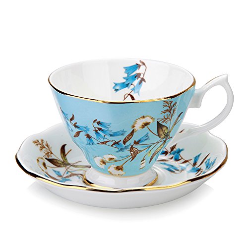 SudaTek Gift Set Vintage Fine Bone China Tea Cup Spoon and Saucer Set Gold Trim Fine Dining and Table Décor (Dandelion)