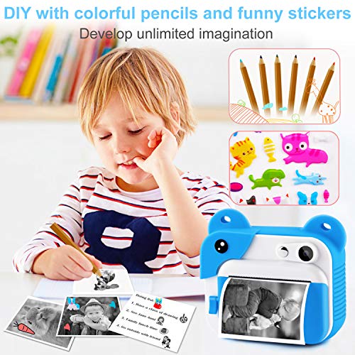 PROGRACE Instant Print Camera for Kids, Kids Instant Camera for Travel Learning Birthday Gift, Portable Digital Creative Print Camera for Boys Zero Ink Kids Camera Toy with Print Paper(Blue)