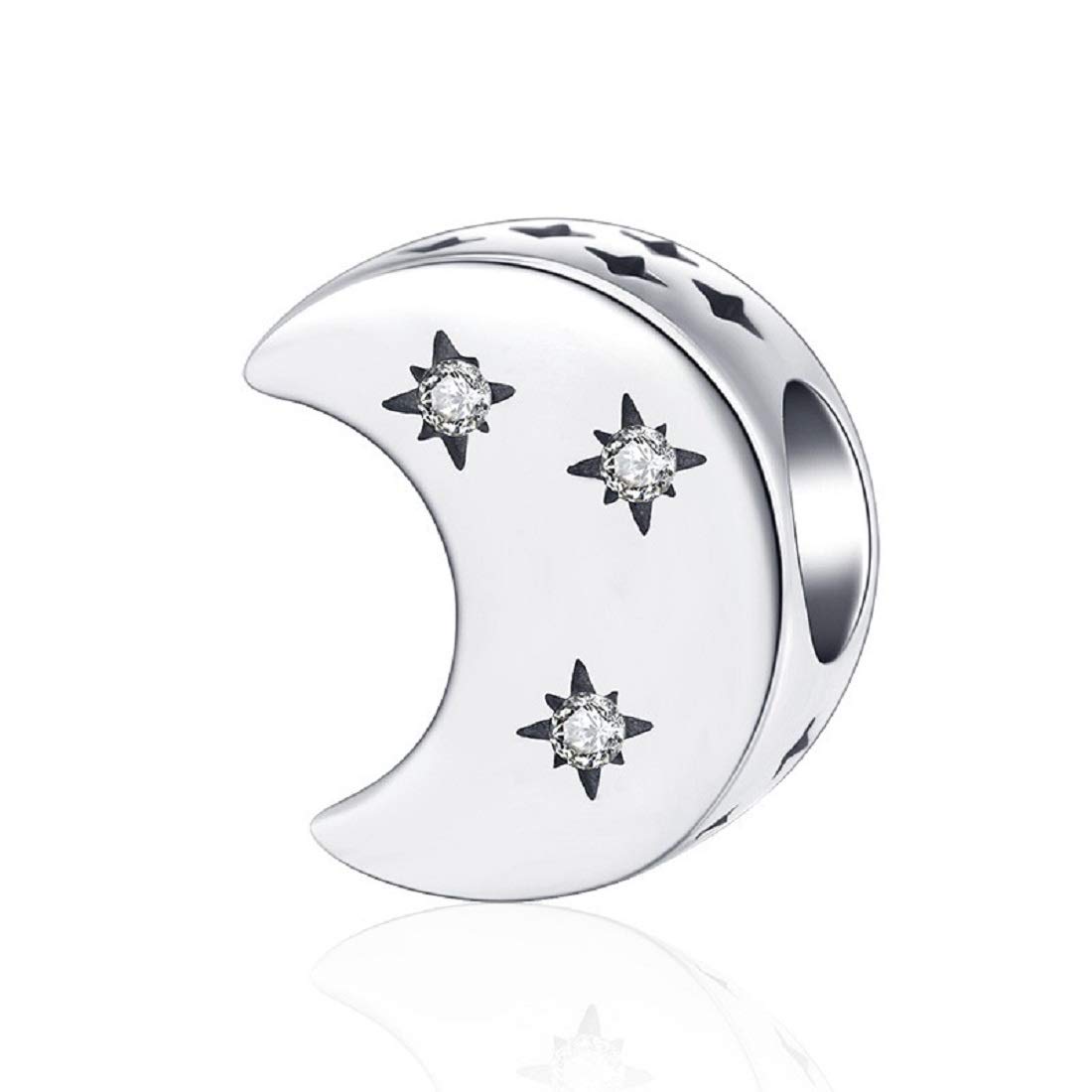 FeatherWish 925 Sterling Silver Moon And Stars Moon Crescent Bead Charm With Cubic Zirconia Compatible With Pandora Bracelet (Crescent Moon)