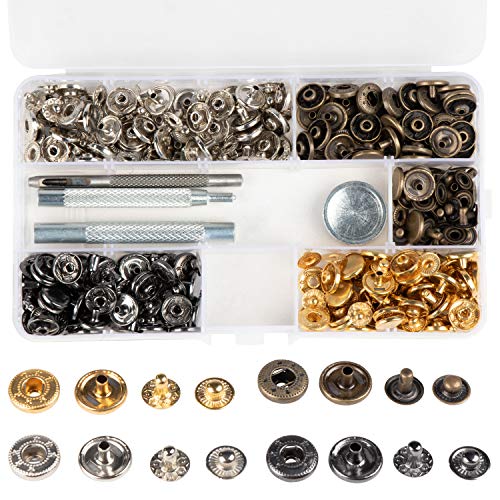 Snap Fastener Kit - 160-Piece Snap Buttons, with 4-Piece Tools, Clothing Snaps, Metal Snaps, Press Studs, for Leather, Craft, Repairing, Jeans, Coat, Bags, 4 Colors, 9 mm - 12 mm Diameter