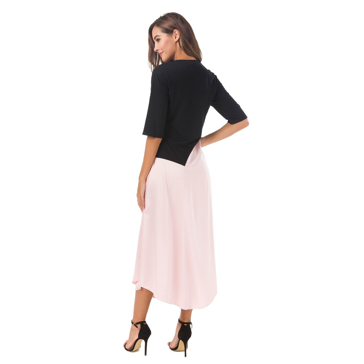 Zumine Women\'s Color Block Maxi Dress Half Sleeve Vintage Midi Dress (L, Pink)