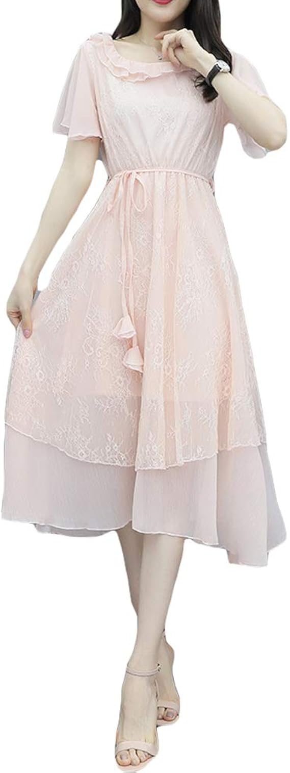 Amazon チーアン ｔｉａｎｎ ワンピース レディース レースドレス 刺繍チュニック 半袖 シフォンワンピース 花柄 膝丈 夏 代 30代 40代 ワンピース チュニック 通販