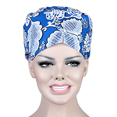 JoyRing 4 Pack Unisex Adjustable Surgical Hat Scrub Cap with Sweatband for Ponytail and Free Reusable Cotton Mask, One Size Fit Most