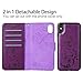 WaterFox iPhone XR Wallet Case with 4 Card Holder for Women, Detachable Cover Flip Folio PU Leather Wrist Strap Removable Magnetic Kickstand with Floral Flower Design for Girls - Purple