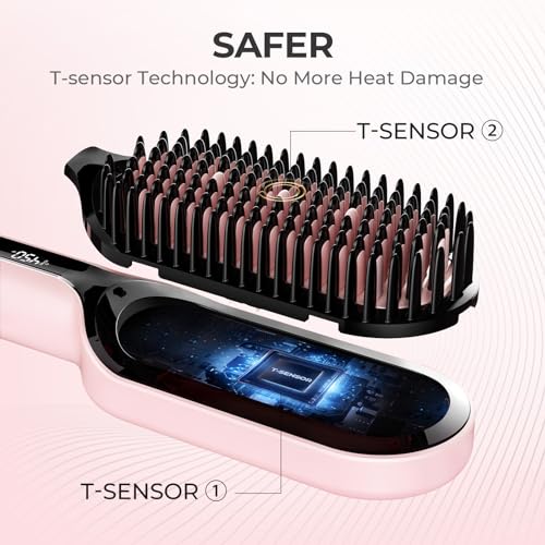 TYMO Ionic Plus Hair Straightener Brush UK, Upgraded Straightening Brush with Dense Bristles for Thick Hair, 16 Temps (80℃~230℃) LED Display, 10 Million ions, Dual Voltage, Hot Comb for Women (Pink)