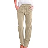 Juebong Linen Pants Women Fall Long Pant with Pockets Solid Color Elastic Waist Trousers Plus Size Wide Leg Sweatpants