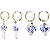 Leadigol 2 Pairs Porcelain Earrings,1.77 inch, Chinese Style Blue and White Porcelain Earrings,Flower Pattern Drop Dangle Earrings,Fashion Jewelry for Women