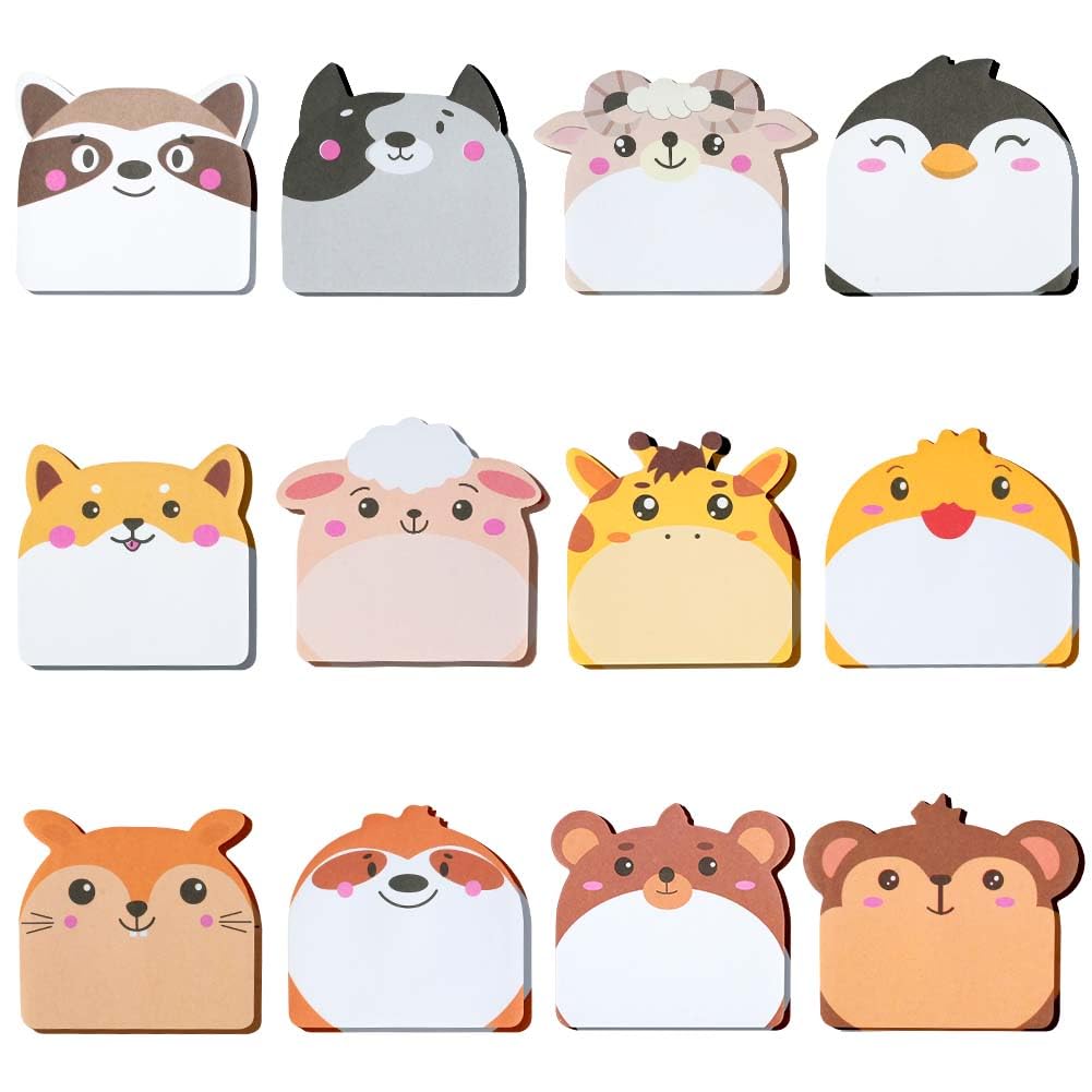 OFFCUP Cartoon Animal Sticky Notes, 24 Pack 12 Styles Cute Sticky Notes Set, Sticky Notes for Party Bags Cartoon Message Note for School Office Memo Pupils Children Gifts Party Bags Filler (A)