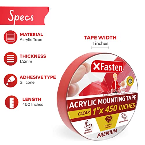 XFasten Double Sided Acrylic Mounting Tape Removable, Clear, 1Inch x