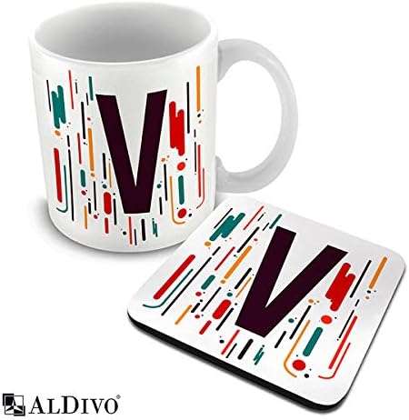 alDivo Alphabet Designed Letter V Printed Combo Gift Pack of Ceramic Coffee Mug 330 ml + Printed Coaster