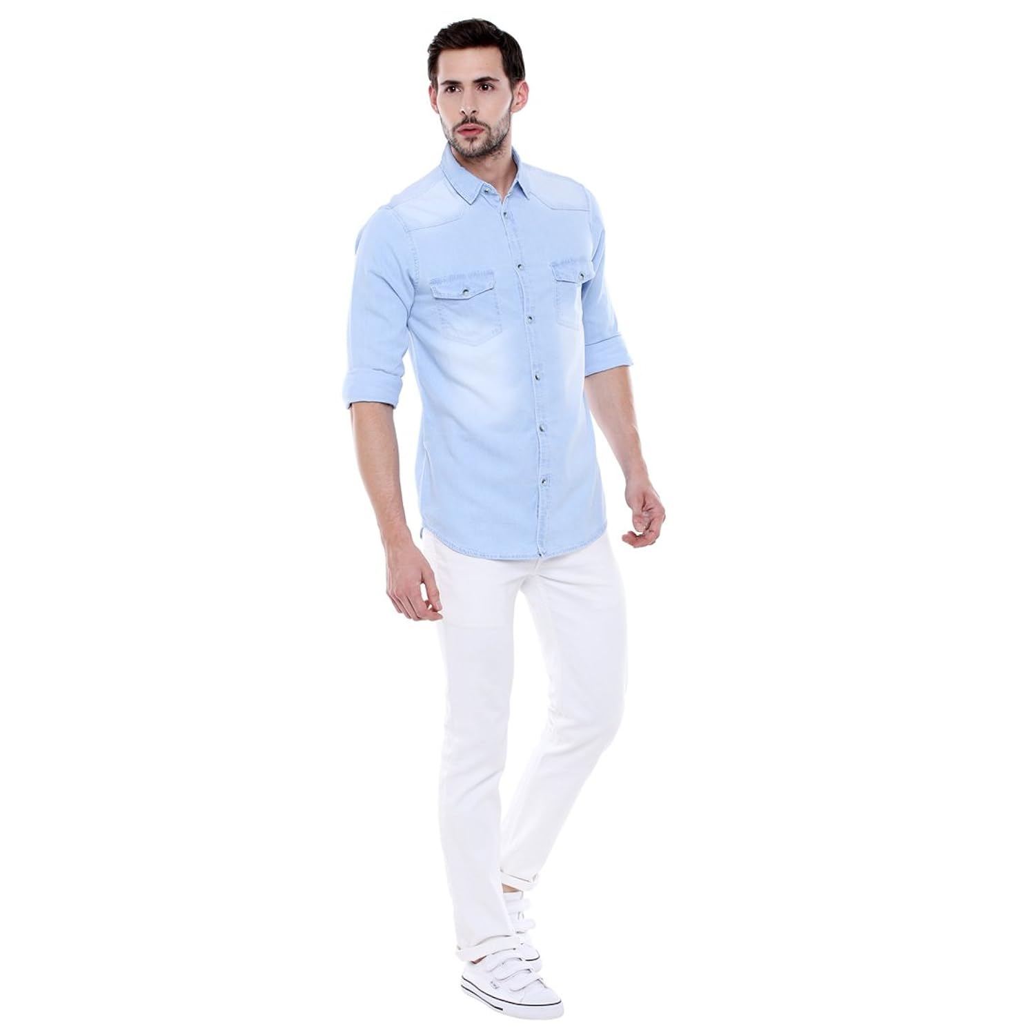 dennis lingo men's denim light blue solid casual shirt