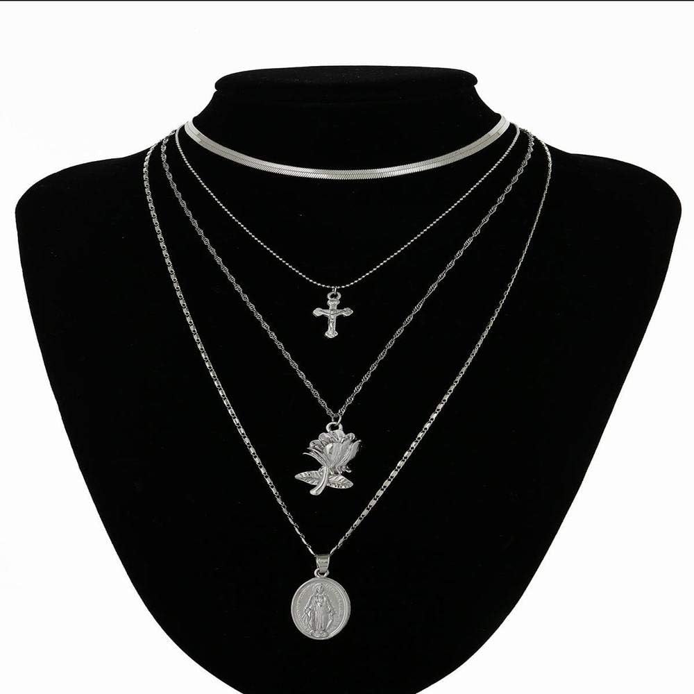 Ysprings Woman Exaggerated Item Retro Cross Multi-layer Pendant Clavicle Necklace (Color : Sliver)