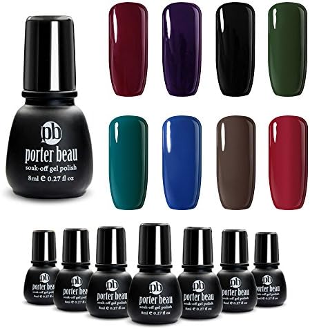 Porter Beau Multi Color 8 Dark Colors Soak Off UV Led Lamp Gel Nail Polish Set Minis Collection Natural Organic Resin Hypoallergenic Formaldehyde Free Nail Art 8x8ml