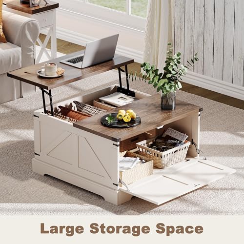 ChooChoo Farmhouse Coffee Table with Hidden Storage, Large Square Center Coffee Table with Lifting Top and Flip Drawer, Wood Rustic Cocktail Coffee Table for Living Room, Soft White