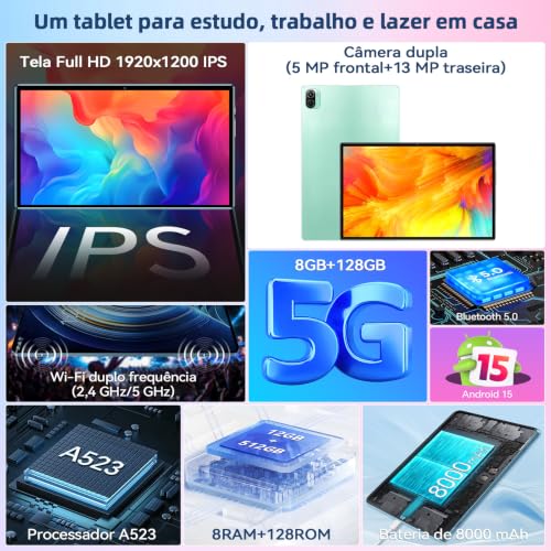 Xixaomiro Tablet Android 15 Pad 10.1", Câmera 13MP + 5MP, Bateria 8000mAh – Kit Completo com Caneta, Mouse, Teclado e Capa, Adequado para Estudo, Trabalho e Lazer (Verde)