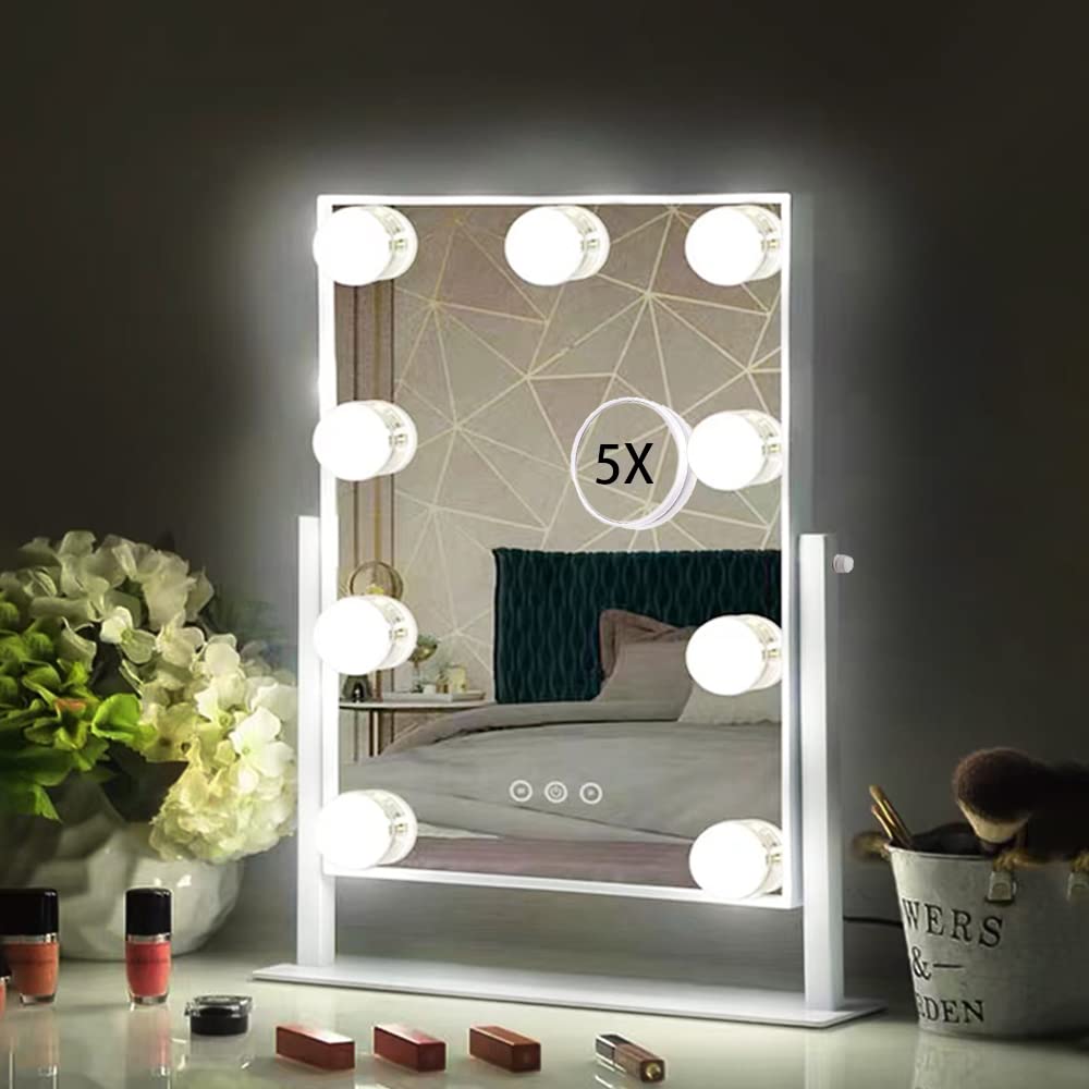 HIEEY Hollywood Vanity Mirror with Lights, Makeup 9 Dimmable Bulbs Three Color Lighting Modes, and 5X Magnification Mirror, Smart Touch Control, 360°Rotation (White)