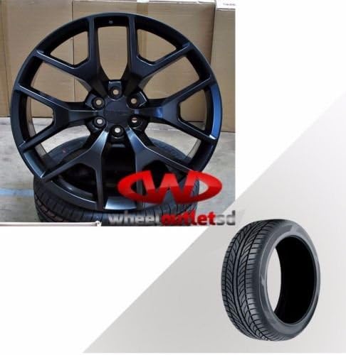 22" GMC Sierra 2015 Style Tahoe Denali Satin Black Wheels With 285x45x22 Lexani LX-Nine or Similar Tires (Set of 4) Rims and Tires Package Mounted and Balanced