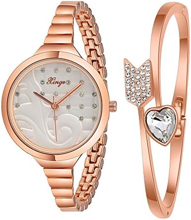 Sanwood Women's Arrow Heart Slim Band Wrist Watch + Bracelets