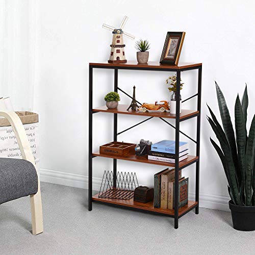 3-Shelf Industrial Bookshelf, Wood and Metal Bookcase, Open Wide Home Office Book Shelf Free Vintage Standing Storage Shelf Units