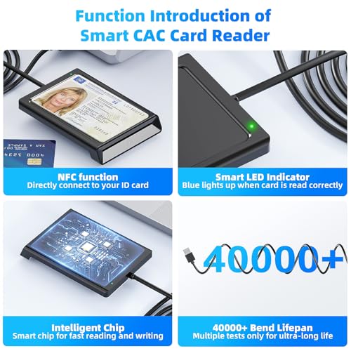 USB smart card reader with NFC, USB smart card reader, DOD military card reader for ID card, bank cards, compatible with Windows, Linux, PC laptop, 95 cm cable