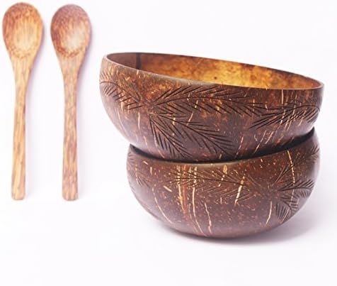 VIBE Natural Hand Carved Coconut Bowls (Set of 2) With 2 Wooden Spoons - Made with LOVE by Artisans I Great Vegan Gift I Perfect for Buddha Smoothie Bowls I Fair Trade (Mai)