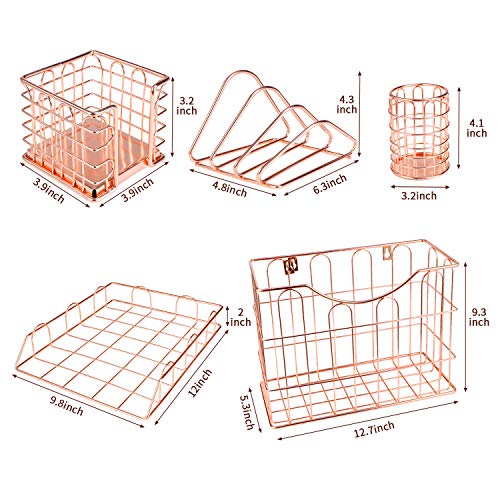 Miukada Desk Organizer Set,Desk Accessories 5 in 1. Includes Letter Sorter, Pencil Cup Holder, Stick Note Holder, Hanging File Organizer and Letter Tray for Office, School or Home(Rose Gold)