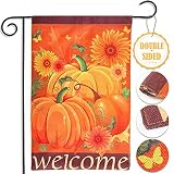 AerWo Welcome Pumpkin Fall Garden Flag 12"×18", Double-Sided Decorative Fall Autumn Harvest Yard Flag (Pumpkin, Sunflower & Welcome)