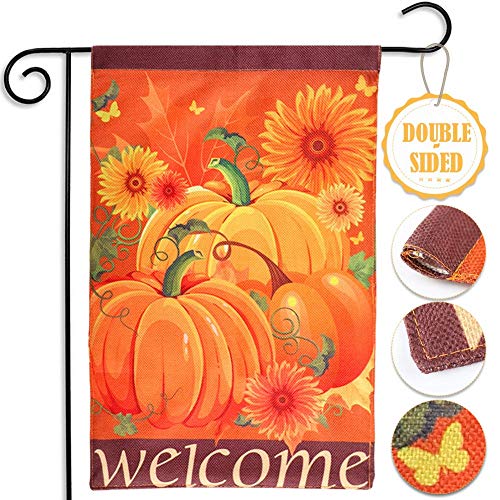 AerWo Welcome Pumpkin Fall Garden Flag 12"×18", Double-Sided Decorative Fall Autumn Harvest Yard Flag (Pumpkin, Sunflower & Welcome)