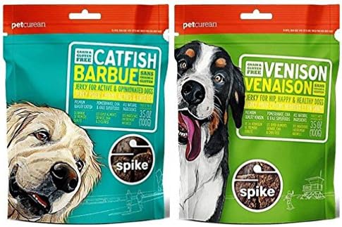 Petcurean Grain & Gluten Free Premium Jerky Dog Treats 2 Flavor Variety Bundle: (1) Petcurean Catfish Jerky, and (1) Petcurean Venison Jerky, 3.5-4 Oz. Ea. (2 Bags)