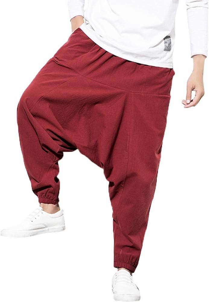 Men's Harem Pants Boho Hippie Wide Baggy Trousers with Drop Crotch Comfortable Elastic Waist Drawstring Pants Bottoms Plus Size