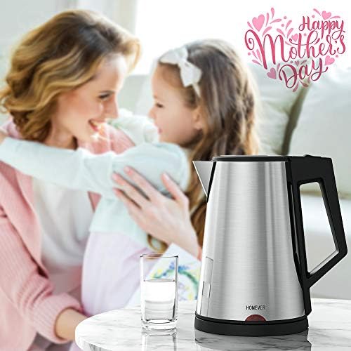 HOMEVER Bouilloire Électrique, INOX 1.7L Ébullition Rapide pour Le Thé, Acier Inoxydable,Arrêt Automatique, Bouilloire sans BPA, Protection Anti-ébullition à Sec,1800W[Classe Énergétique A+++]
