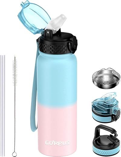 GOPPUS 600ml Stainless Steel Water Bottle with Straw, Double Wall Insulated