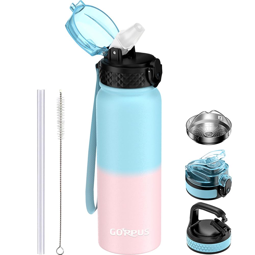 GOPPUS 600ml/20oz Stainless Water Bottle with Straw Double Wall Insulated Bottles with Strap One Hand Open Vacuum Thermal Flask Leakproof Keep Cold Bottles with Flip Top Lid BPA Free (Blue Pink) — image 1