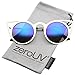 zeroUV Womens Fashion Round Metal Cut-Out Flash Mirror Lens Cat Eye Sunglasses (Silver/Green Blue Mirror)