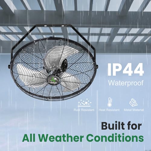 ecoCalm Solar Fan Wall Mount Waterproof, Metal Solar Powered Fan with Battery & Adjustable Thermostat, 18" Heavy Duty Outdoor Fans for Patios 3 Speeds, 180° Tilt