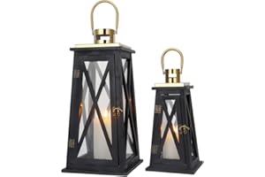 TRIROCKS Set of 2 Farmhouse Wooden Lantern 12''&18'' Metal Decorative Candle Holders with Tempered Glass Rustic Outdoor Lante