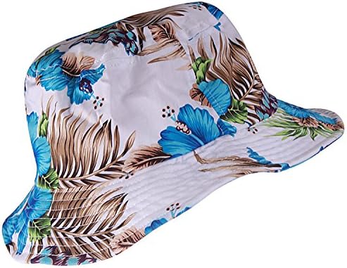 Enimay Unisex Printed Colored Bucket Hat Patterned Summer Sun Caps Floral Blue Size L | XL